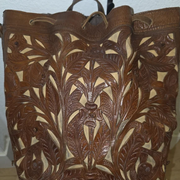Vintage Brown Leather Cutout Shoulder Bag Vintage Mexican Artisan Leather Work - Picture 4 of 9